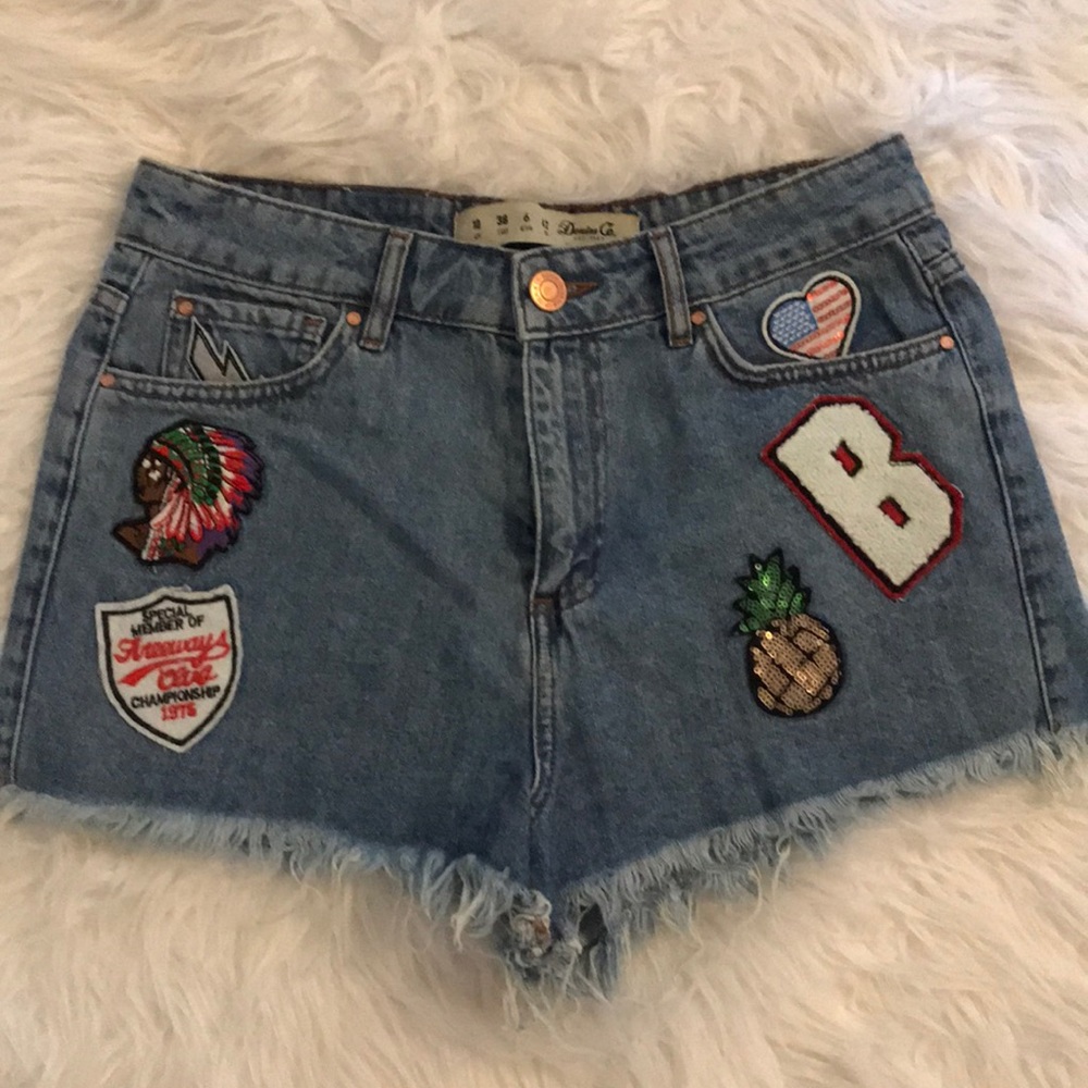 Patchwork denim high waisted shorts